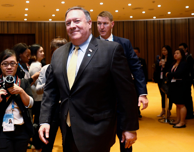 us secretary of state mike pompeo arrives to meet with south korea 039 s foreign minister kang kyung wha on the sidelines of the 51st association of southeast asian nations asean ministerial meeting amm photo afp