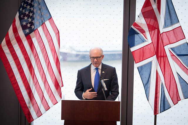 united states ambassador to the court of st james woody johnson speaks during a press preview at the new united states embassy building near the river thames in london britain december 13 2017 photo reuters