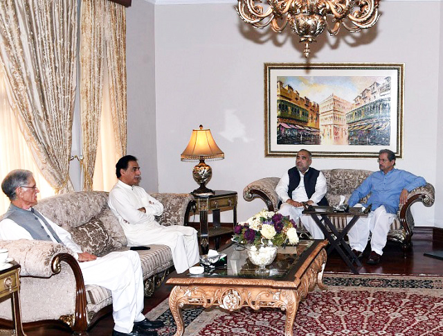 a pti delegation including former k p cm pervez khattak speaker of the national assembly in waiting asad qaiser fawad chaudhry and omar ayub khan met outgoing speaker ayaz sadiq photo agencies