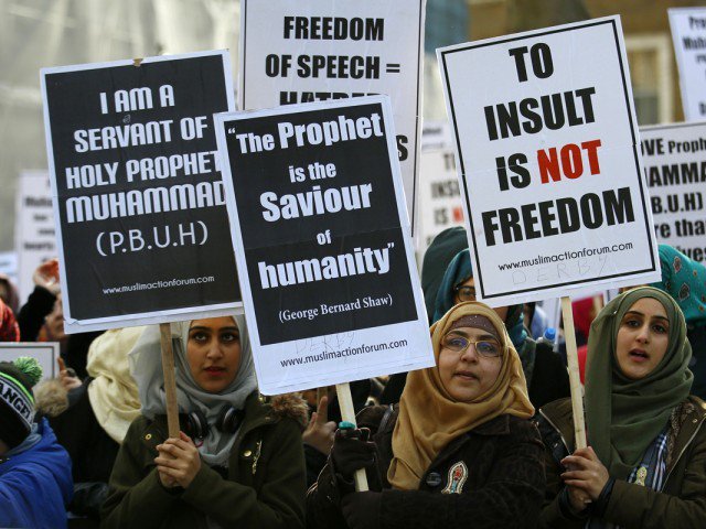 muslim demonstrators protest near downing street in central london on february 8 2015 photo afp