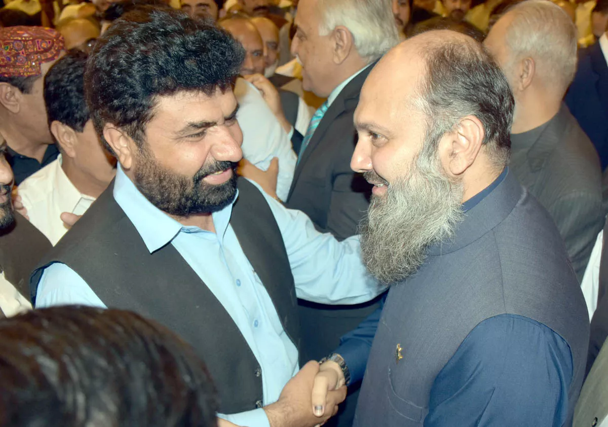balochistan awami party leader haji naseebullah achakzai congratulates jam kamal khan on being elected the chief minister of balochistan photo express balochistan awami party leader haji naseebullah achakzai congratulates jam kamal khan on being elected the chief minister of balochistan photo express
