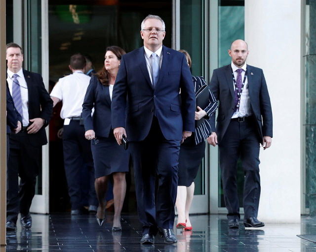 treasurer of australia scott morrison arrives for a party meeting in canberra australia august 24 2018 photo reuters