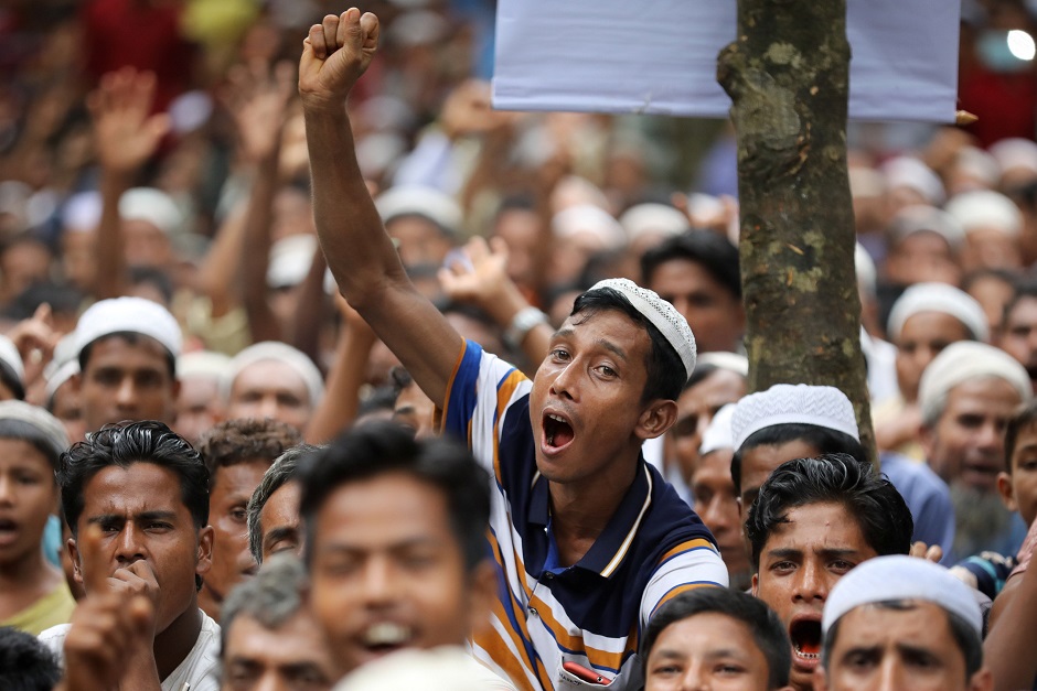 a rohingya refugee shouts a slogan as he takes part in a protest at the kutupalong refugee camp photo reuters