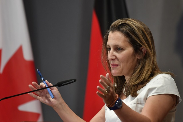canadian foreign minister chrystia freeland addresses ambassadors as she speaks during the opening of an ambassadors 039 conference on august 27 2018 at the foreign ministry in berlin photo afp