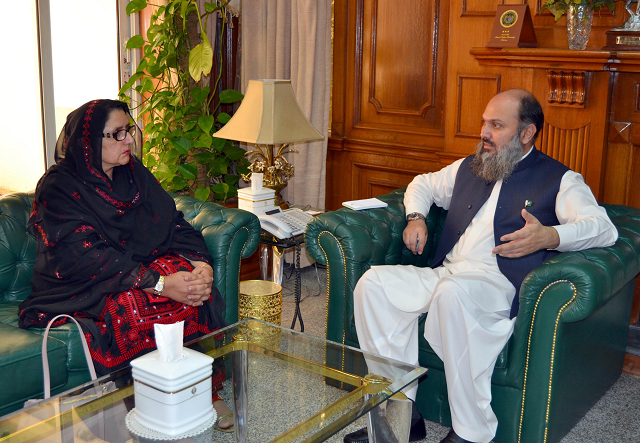 balochistan chief minister jam kamal khan exchanges views with federal minister for defence production zubaida jalal at the cm secretariat in quetta photo express