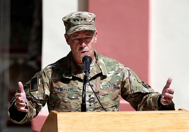 incoming commander of resolute support forces and command of nato forces in afghanistan us army general scott miller speaks during a change of command ceremony in resolute support headquarters in kabul afghanistan september 2 2018 photo reuters
