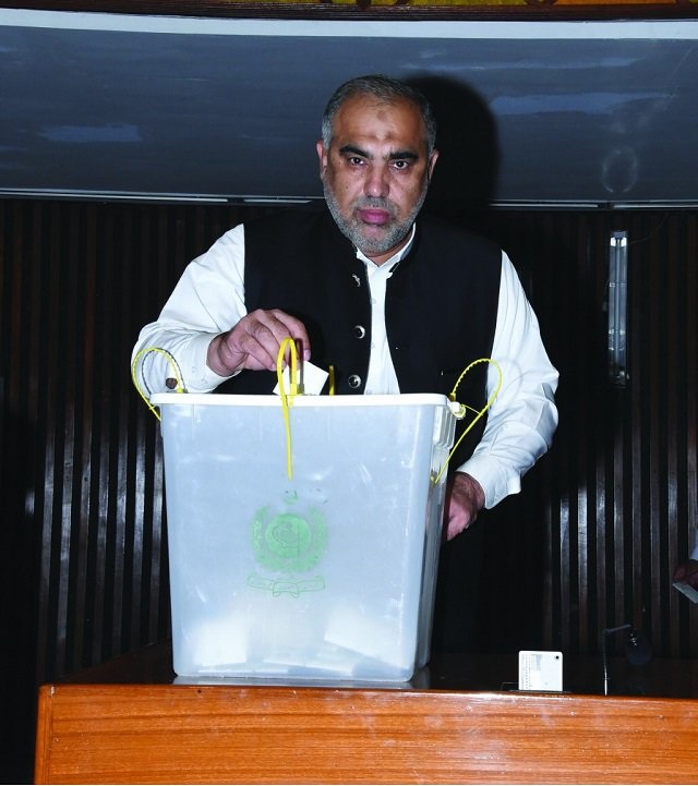 speaker of the national assembly asad qaiser casts his vote in the presidential election photo app