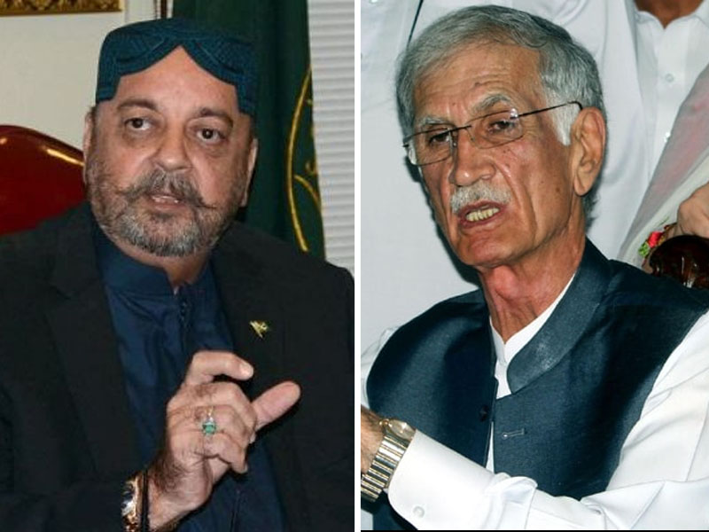 former chief minister of khyber pakhtunkhwa pervaiz khattak and speaker of the sindh assembly agha siraj durrani photo file