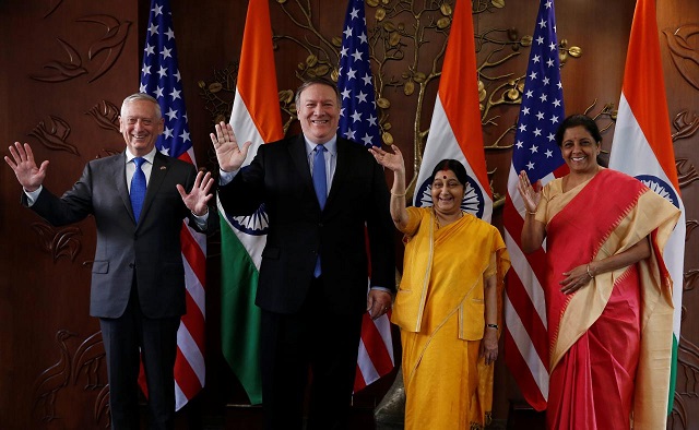 u s secretary of state mike pompeo and secretary of defence james mattis pose beside india s foreign minister sushma swaraj and defence minister nirmala sitharaman before the start of their meeting in new delhi photo reuters