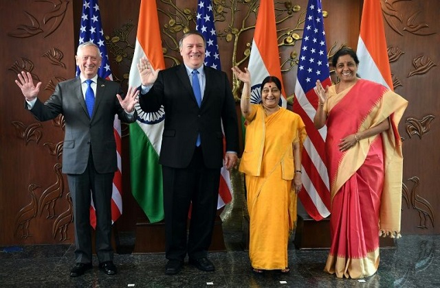 us secretary of defence jim mattis left us secretary of state mike pompeo indian foreign minister sushma swaraj and indian defence minister nirmala sitharaman pose for photos as they present media statements in new delhi on september 6 2018 photo afp