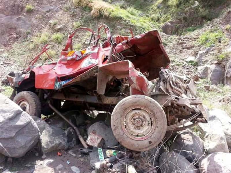 the wreckage of the jeep that fell into a ravine lies at the site photo express