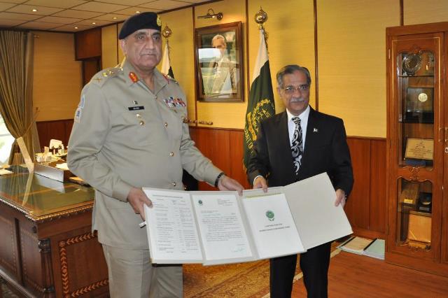 pak army will continue to contribute towards nation building as a national institution gen qamar tells justice nisar photo express