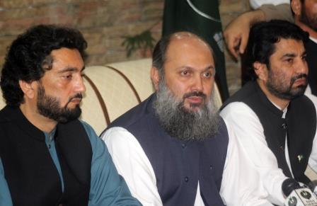 federal minister of state for interior shehryar afridi l balochistan chief minister jam kamal c and national assembly deputy speaker qasim khan suri r during a press conference in islamabad photo online