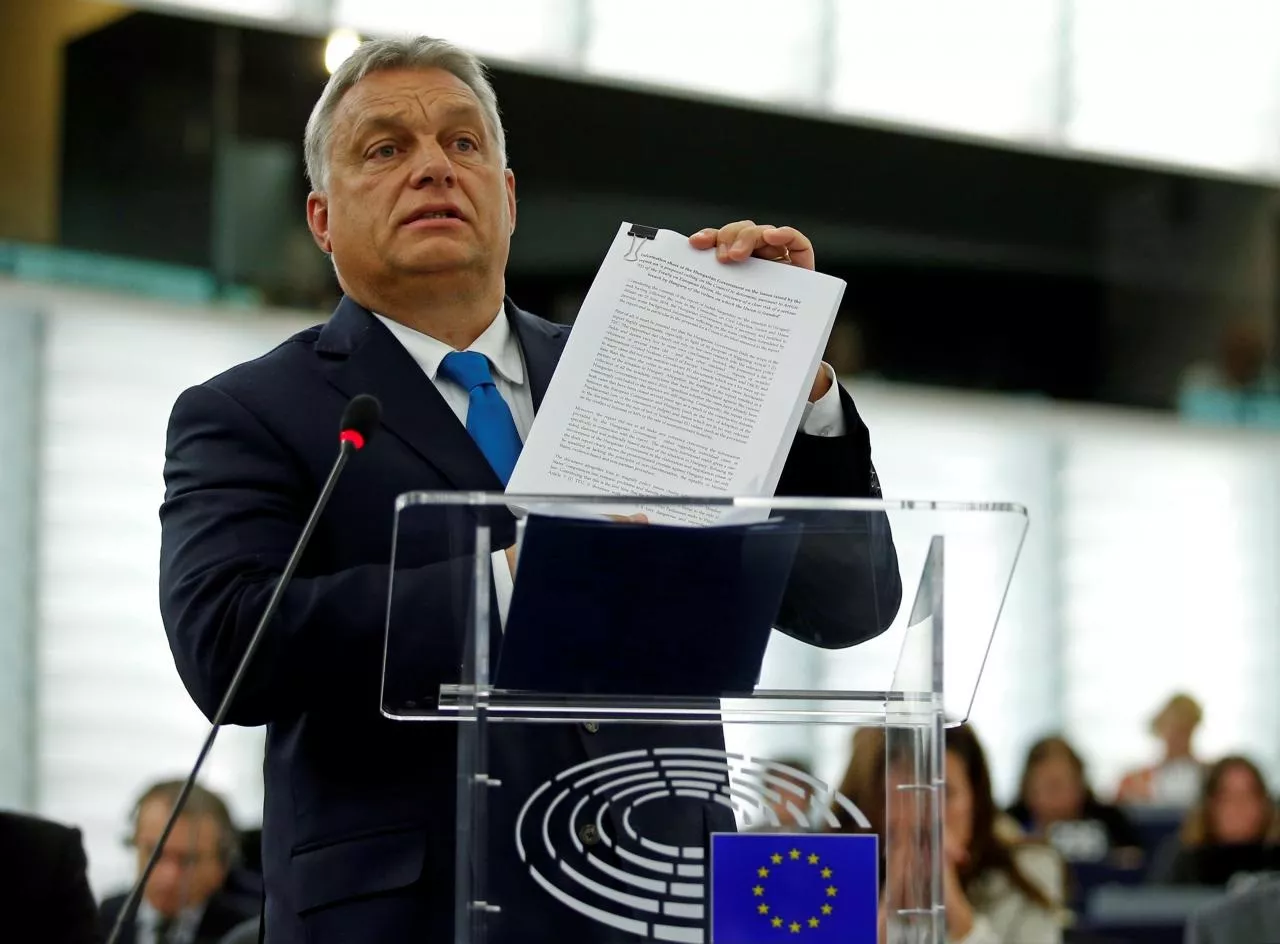 hungarian prime minister viktor orban addresses meps during a debate on the situation in hungary at the european parliament in strasbourg france september 11 2018 photo reuters