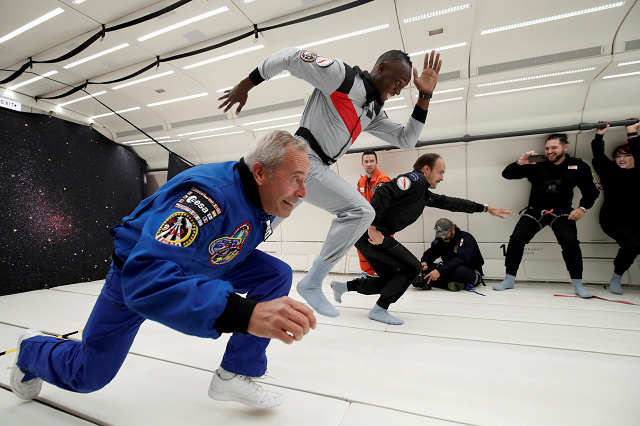 retired sprinter usain bolt french astronaut jean francois clervoy ceo of novespace and french interior designer octave de gaulle who designed a bottle of quot mumm grand cordon stellar quot enjoy zero gravity conditions during a flight in a specially modified airbus zero g plane above reims france september 12 2018 photo reuters