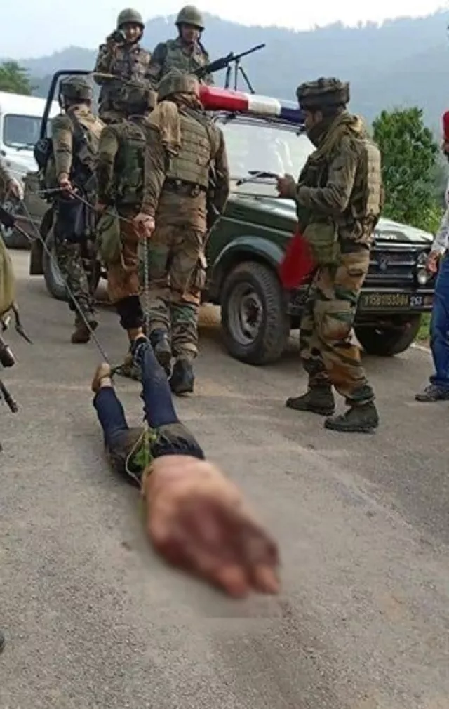 indian occupation forces dragging the body of a kashmiri freedom fighter photo courtesy twitter indian occupation forces dragging the body of a kashmiri freedom fighter photo courtesy twitter