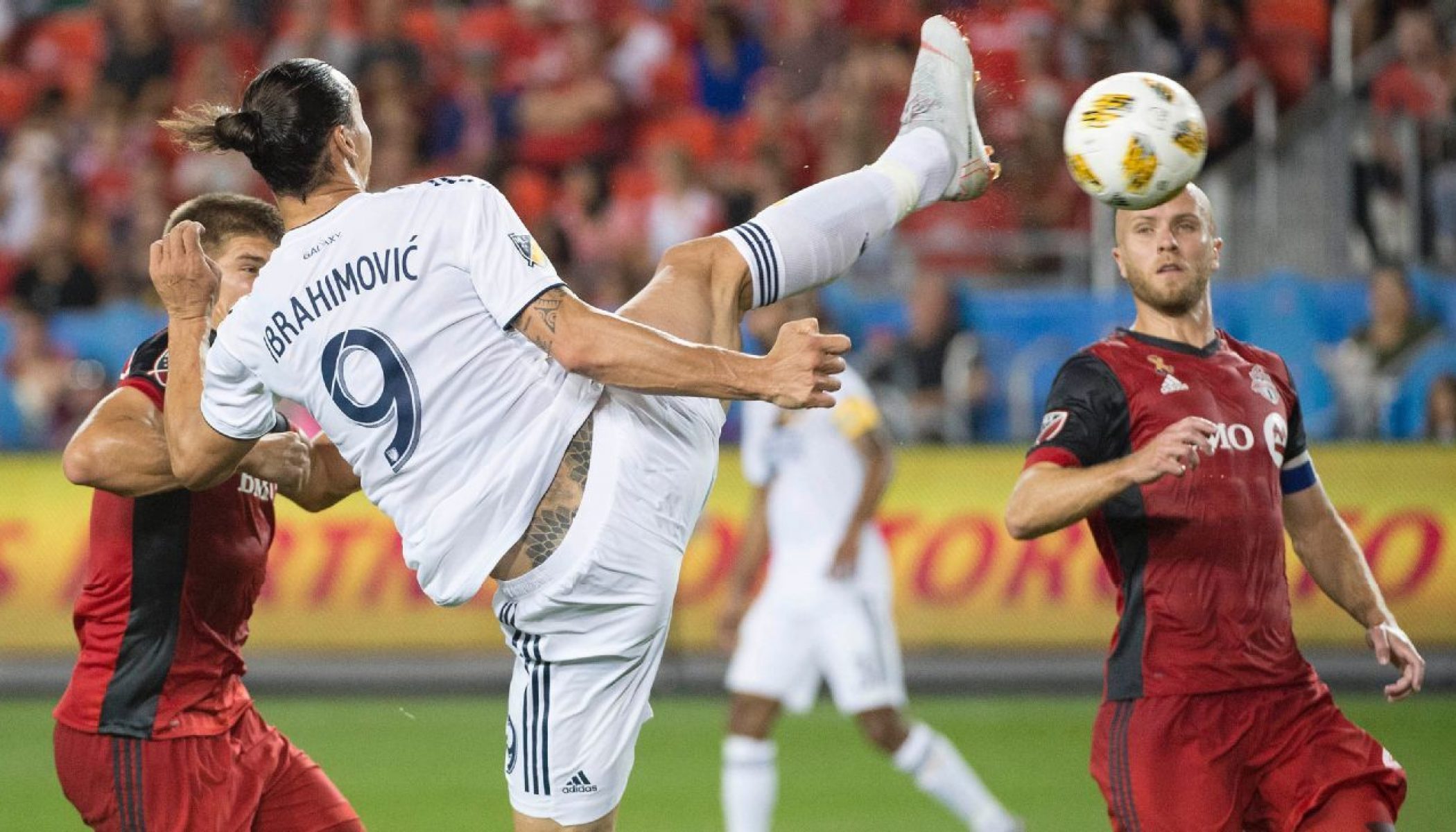 los angeles galaxy forward zlatan ibrahimovic 9 scores a goal during the first half against toronto fc at bmo field photo afp