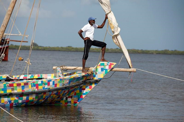 a man stands on the front of flipflopi the first dhow boat made entirely of recycled plastic during its launch ceremony on the island of lamu kenya september 15 2018 photo reuters a man stands on the front of flipflopi the first dhow boat made entirely of recycled plastic during its launch ceremony on the island of lamu kenya september 15 2018 photo reuters