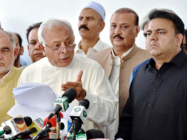 federal minister for petroleum ghulam sarwar khan and information minister fawad chaudhry address a press conference in islamabad photo app