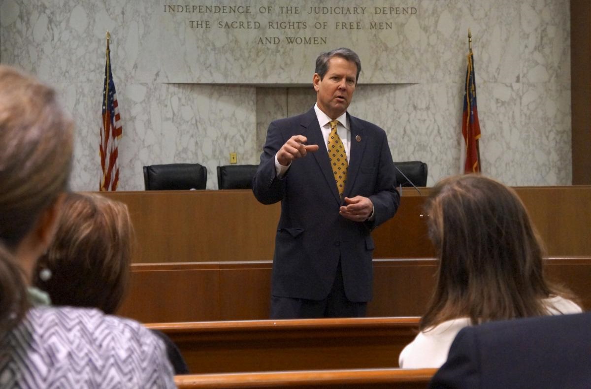 georgia secretary of state brian kemp speaks with visitors to the state capitol about the quot sec primary quot involving a group of southern states voting next month in atlanta georgia photo reuters