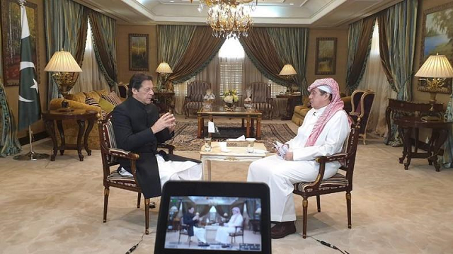 prime minister imran khan during an interview with al arabiya news channel 039 s general manager turki al dakhil photo coutesy al arabiya