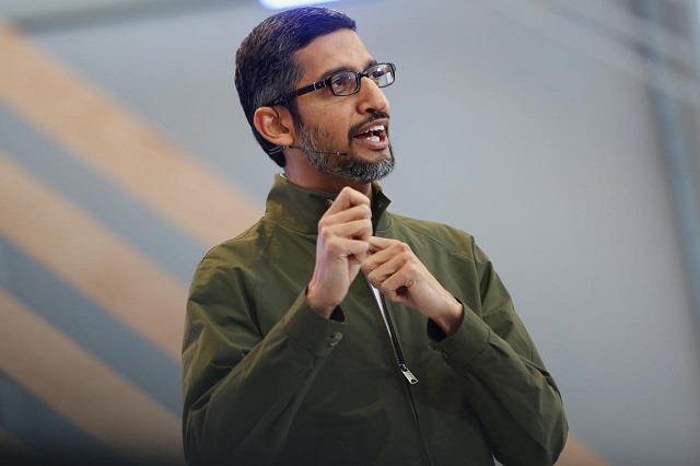 google ceo sundar pichai speaks on stage during the annual google i o developers conference in mountain view california may 8 2018 photo reuters