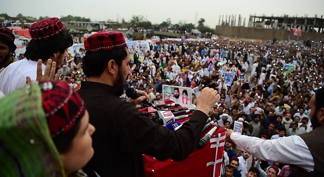 activist manzoor pashteen speaks at a ptm rally on april 23 2018 photo afp