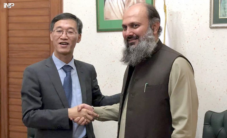 balochistan chief minister jam kamal khan shakes hands with chinese ambassador yao jing in islamabad photo inp