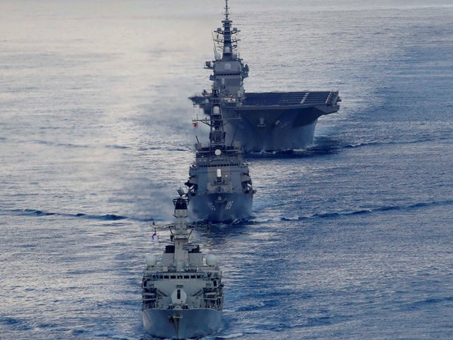 british frigate hms argyll front japanese destroyer inazuma c and japanese helicopter carrier kaga take part in a joint naval drill in the indian ocean photo reuters