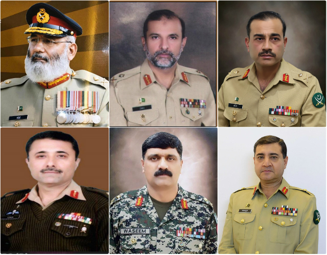 promoted officers from top left to bottom right maj gen abdul aziz maj gen nadeem zaki manj maj gen asim munir maj gen mohammad adnan maj gen waseem ashraf and maj gen shaheen mazhar photo ispr