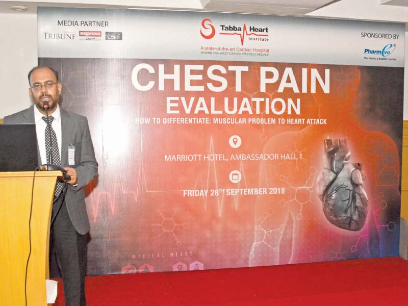 dr irfan elahi chandna of the tabba heart institute highlighted the symptoms of a heart attack and stressed the need for quick medical intervention photo jalal qureshi express