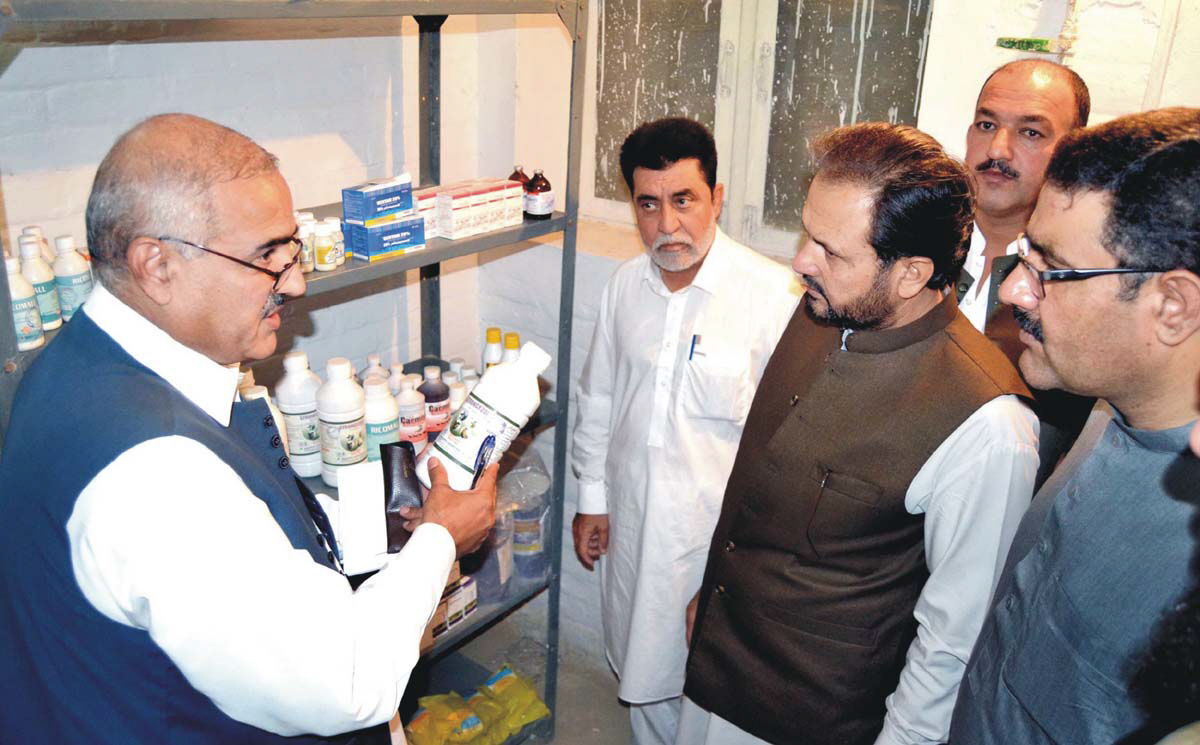 provincial minister for livestock mitha khan kakar inspects medicines during his visit to the poultry farm and veterinary hospital in quetta photo express