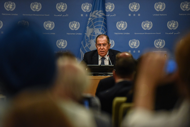 russian foreign minister sergey lavrov holds a press briefing at the united nations during the united nations general assembly on september 28 2018 in new york city photo afp