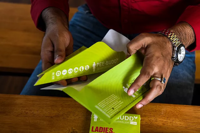 in this photograph taken on september 21 2018 founder of 039 pee buddy 039 deep bajaj shows a portable female urination device inside the company 039 s office in new delhi photo afp in this photograph taken on september 21 2018 founder of 039 pee buddy 039 deep bajaj shows a portable female urination device inside the company 039 s office in new delhi photo afp