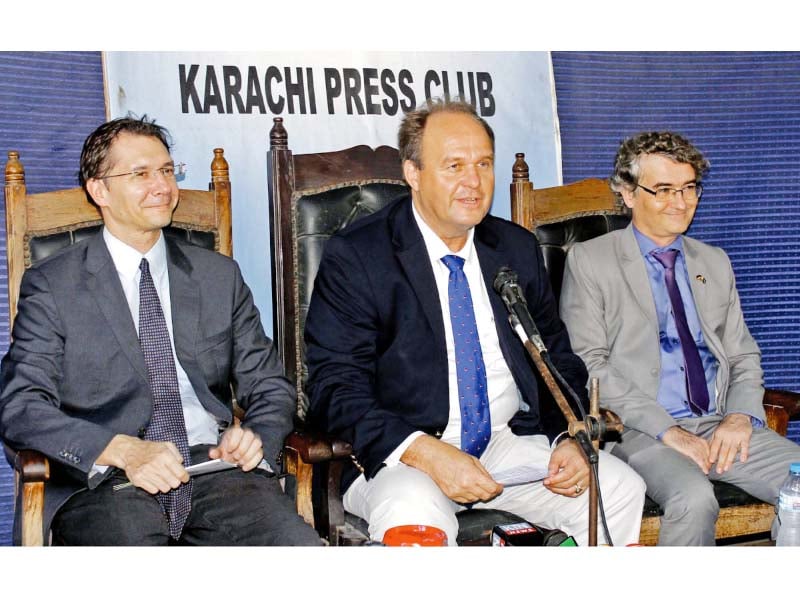 german consul general eugen wollfarth addresses a press conference at the karachi press club to announce the start of german weeks on monday photo ppi