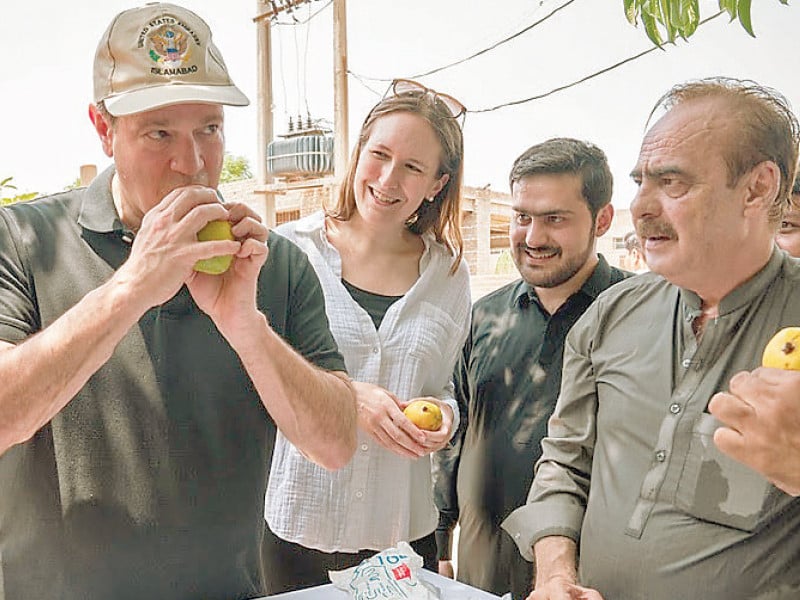 us deputy chief of mission andrew schofer tastes mangoes at a farm photo imtiaz khan express