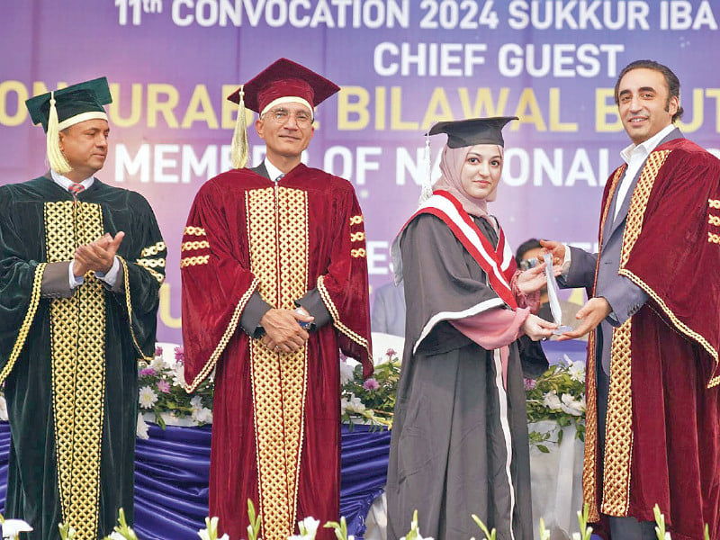 ppp chairperson bilawal bhutto zardari presents a certificate to a student at iba sukkur s 11th convocation ceremony celebrating academic excellence and future leaders photo ppi