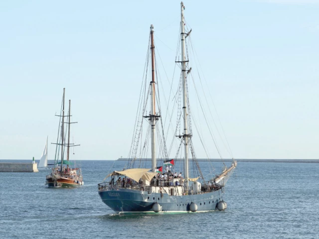 the first vessel sirius of a civilian flotilla carrying pro palestinian activists and humanitarian aid and aiming to break the israeli blockade of the gaza strip leaves the barcelona port photo afp the first vessel sirius of a civilian flotilla carrying pro palestinian activists and humanitarian aid and aiming to break the israeli blockade of the gaza strip leaves the barcelona port photo afp