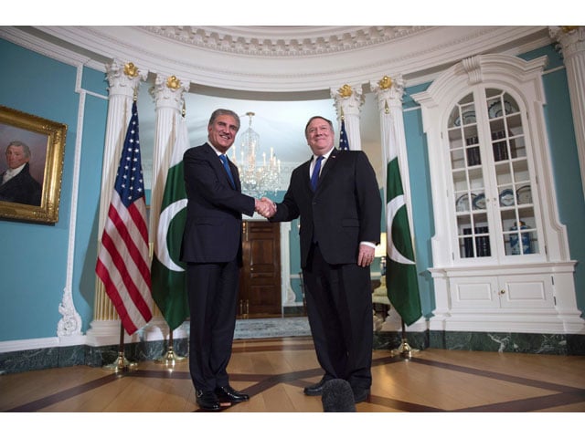 us secretary of state mike pompeo r meets with pakistani foreign minister shah mehmood qureshi at the us state department in washington dc on october 2 2018 photo afp