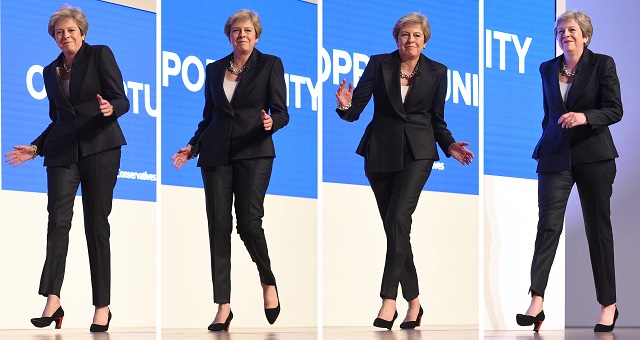 a combination of pictures created on october 3 2018 shows britain 039 s prime minister theresa may dances a few steps as she takes the stage to give her keynote address on the fourth and final day of the conservative party conference 2018 at the international convention centre in birmingham central england on october 3 2018 photo afp