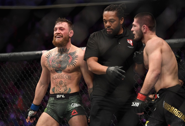 conor mcgregor of ireland laughs after the second round in their ufc lightweight championship bout during the ufc 229 event inside t mobile arena on october 6 2018 in las vegas nevada photo afp