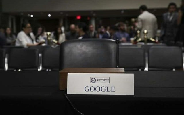 an empty seat for google is seen during a senate intelligence committee hearing concerning foreign influence operations 039 use of social media platforms on september 5 2018 photo afp an empty seat for google is seen during a senate intelligence committee hearing concerning foreign influence operations 039 use of social media platforms on september 5 2018 photo afp