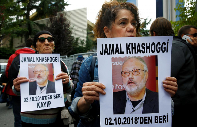 human rights activists hold pictures of saudi journalist jamal khashoggi during a protest outside the saudi consulate in istanbul turkey october 9 2018 photo reuters