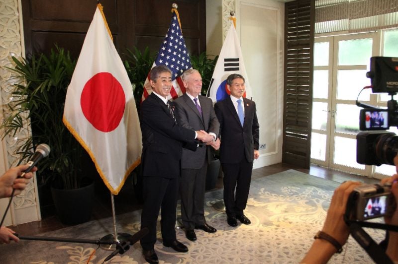 japan 039 s defence minister takeshi iwaya l us defence secretary jim mattis c and south korea 039 s defence minister jeong kyeong doo photo afp