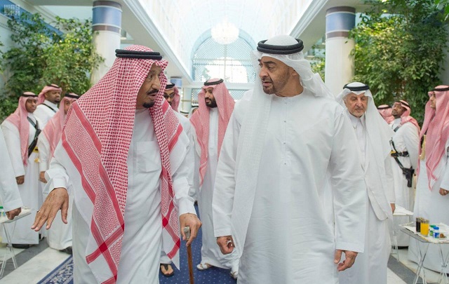 saudi arabia 039 s king salman bin abdulaziz al saud l chats with abu dhabi crown prince sheikh mohammed bin zayed al nahyan in jeddah saudi arabia june 2 2017 saudi press agency handout via reuters