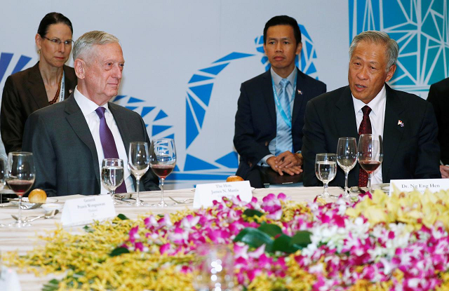 us secretary of defense james mattis and singapore defence minister ng eng hen meet asean defence ministers during a lunch meeting at the asean defence ministers 039 meeting in singapore october 19 2018 photo reuters