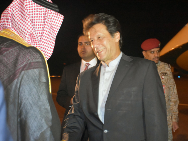 pm imran is being received at madina airport upon his arrival in saudi arabia on monday photo express