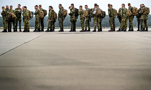 in this file photo taken on october 19 2018 dutch soldiers depart with a kdc 10 tank and transport device from eindhoven airport in eindhoven in the netherlands to participate in the nato north atlantic treaty organization exercise trident juncture   nato north atlantic treaty organization exercise trident juncture takes place in norway from october 25 to november 23 2018 photo afp