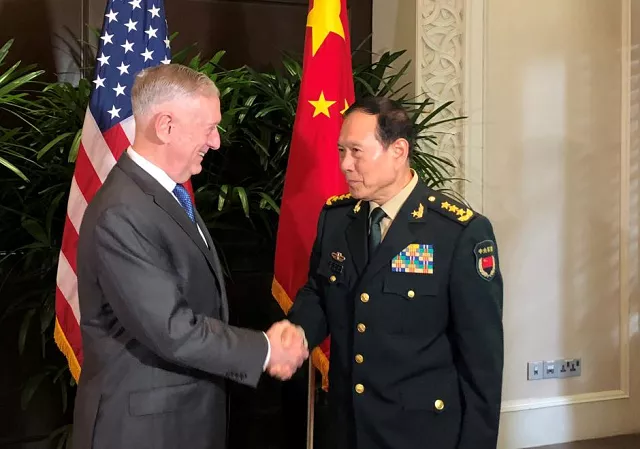 us defense secretary jim mattis and china 039 s defense minister wei fenghe greet each other ahead of talks in singapore october 18 2018 photo reuters us defense secretary jim mattis and china 039 s defense minister wei fenghe greet each other ahead of talks in singapore october 18 2018 photo reuters
