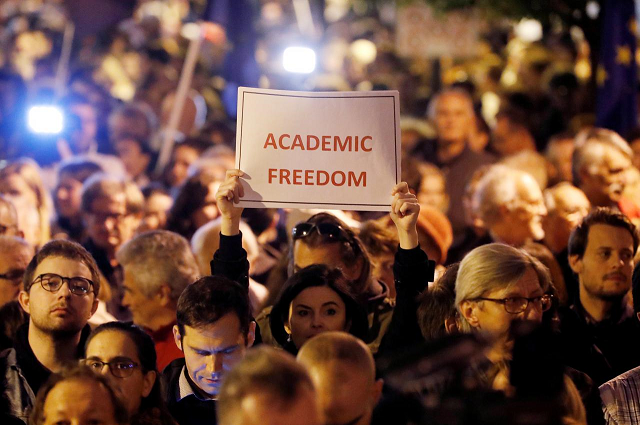 people attend a rally outside george soros 039 s central european university to protest against the university being forced out of budapest by prime minister viktor orban 039 s government in budapest hungary october 26 2018 pphoto reuters